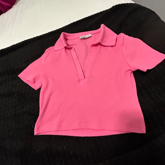 Women's Zara Cropped Hot Pink Ribbed Polo Shirt - SMALL - Picture 9 of 10